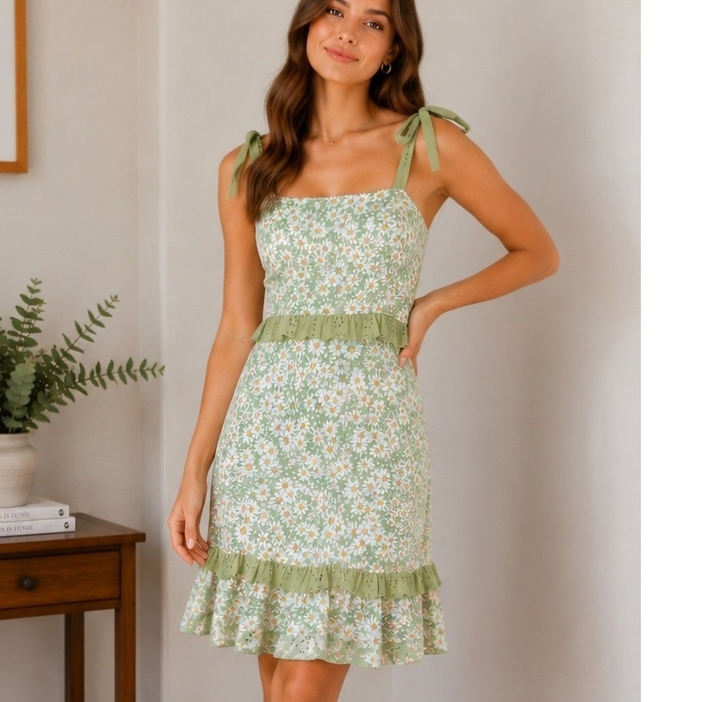 Live To Be Spoiled Green Floral Daisy Eyelet Mini Dress Small NWT